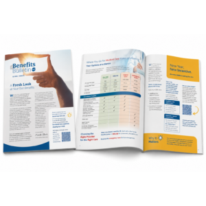 Mockup of the Q1 2026 Benefits Bulletin on a white background, showing the closed cover beside an open, curved spread featuring a medical care comparison chart and wellness incentive information.